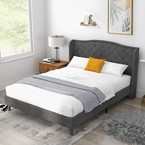 Giantex Velvet Upholstered Bed Frame, Wingback Platform Bed w/Button Tufted Headboard, Queen Size Bed Frame, Solid Wooden Slats Support Mattress Foundation, No Box Spring Required, Grey
