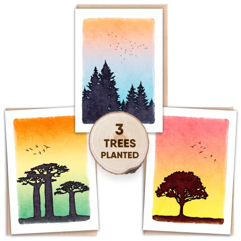1 Tree Cards Tree Planting, Eco Friendly Cards Pack of 3 with Flower Seed Cards Inside. Blank Inside for Thank You, Birthday or Any Occasion | 100% Recycled & Plastic Free (Halcyon Pack)