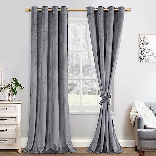 JIUZHEN Verdunklungsvorhang aus Samt,2er Set weiche blickdichte Gardinen mit Ösen für Schlafzimmer,140x245cm (Breite x Höhe),Graue