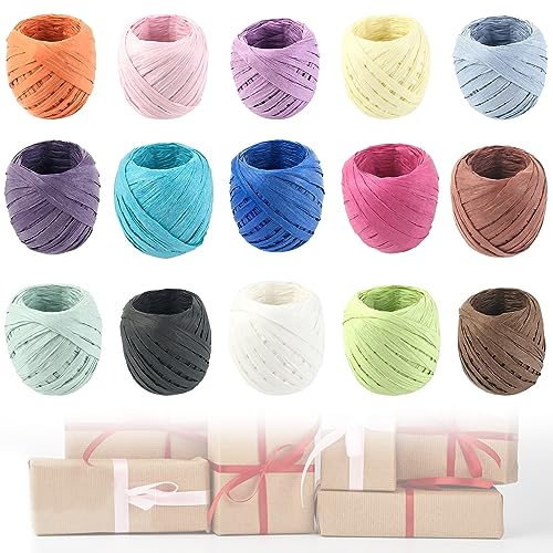 Fhioevt 15 Stück Papierband Natur Raffiabast-Papierband 20 m Raffia Bast Bunte Raphia-Papierban Kunst Bastband Papier-Geschenkband für Geschenkbox Verpackung Weben Florist (15 Farben)