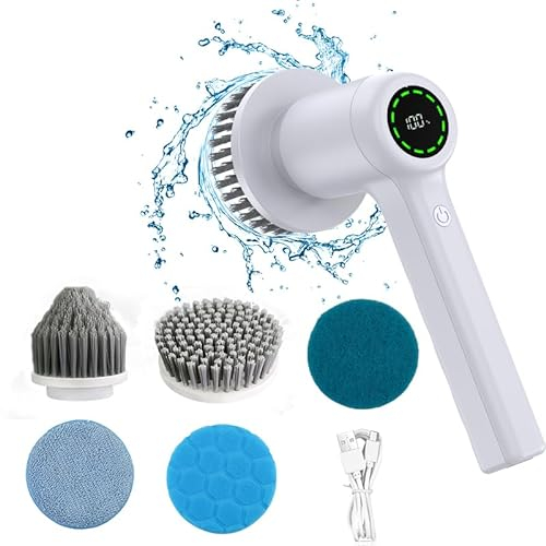 Reinigungsbürste elektrisch,elektrische bürste zum putzen mit Led Anzeige,Spin Scrubber mit 6 Bürstenköpfe,Handheld Cleaning Brush für Haushalt,Boden,Autoreifen,Typ-C schnell Aufladung