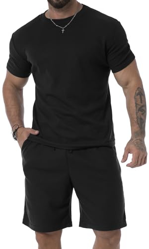KUYIGO Pantaloncini estivi da uomo e camicia tuta 2 pezzi casual traspirante abito t-shirt allentato, Nero, M