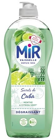 Mir Vaisselle - Secrets de Cuba - Menthe & Citron Vert - Expérience Complète et Unique -Pouvoir Dégraissant -Sans Conservateurs - Sans Allergènes Parfum - Respect de la Peau - Bouteille de 675ml