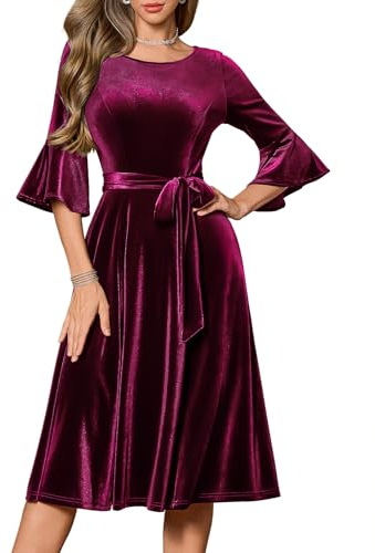 Homrain Damvintageklänningar, bellarm, cocktailklänningar för bröllopsgäst, långärmad, midiklänning för kyrka, aftonklänning, sammet bordeaux, 3XL