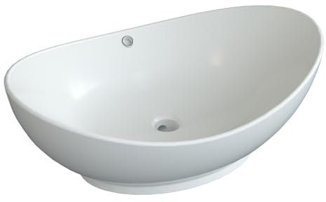 Design-Waschbecken aus Keramik Weiß Oval 60 x 39 cm Aufsatzwaschbecken Moderner Waschtisch für Unterschrank Waschplatz Handwaschbecken Überlauf | OHNE Hahnloch | OHNE Wasserhahn | OHNE Ablaufventil
