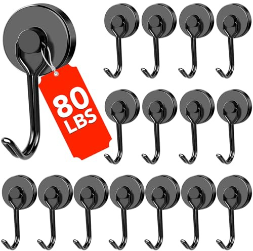 DIYMAG Black Magnetic Hooks, 80LBS Strong Magnetics Heavy Duty, Magnet Hook with Metal Hanger for Hanging Refrigerator Home Kitchen Office, 16Pack