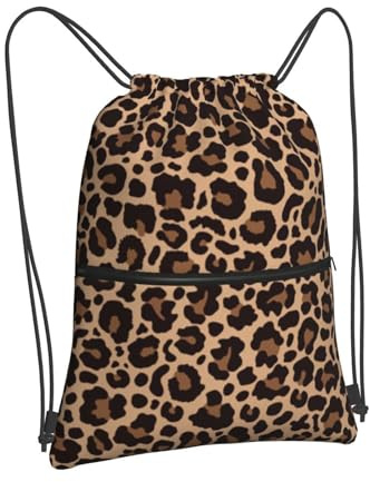 Newhomestyle Leopard Printing Drawstring Backpack Bag, Cheetah Outdoor Sport Gym Sackpack, Durable Zipper Waterproof Beach Bag, Adjustable Lightweight String Bag for Women Men