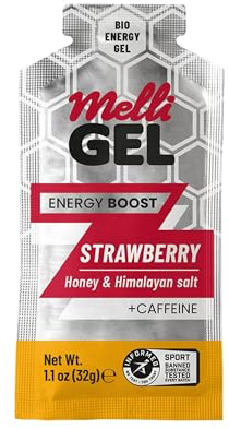 Energy Gel Strawberry and Caffeine MelliGEL–100% Organic Energy Gels with Honey & Himalayan Salt – Electrolyte Balance–Take Before, During & After Running and Intense Activities