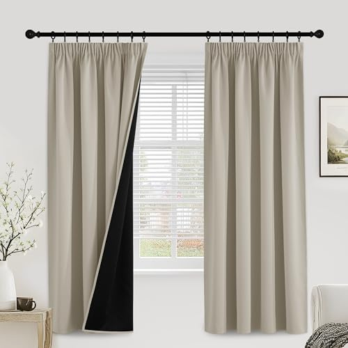 PONY DANCE 100% Blackout Thermal Insulated Curtains, 52x72 Inch, Natural | Pencil Pleat Rod Pocket Curtains for Bedroom and Living Room, 2 Panels, Noise Reduction, Light Blocking & Privacy Drapes