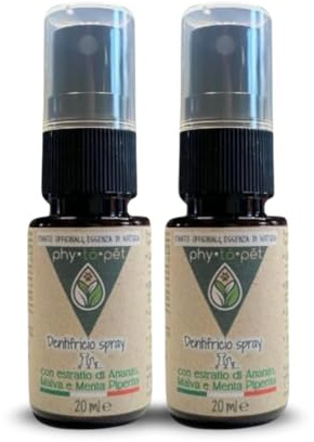 phy to pet | Dentifricio per Cani e Gatti Spray senza Risciacquo - Pulizia Denti e Gengive contro il Tartaro e Alitosi - Con Clorexidina, Estratto di Ananas e Menta - Due Confezioni da 20 ml