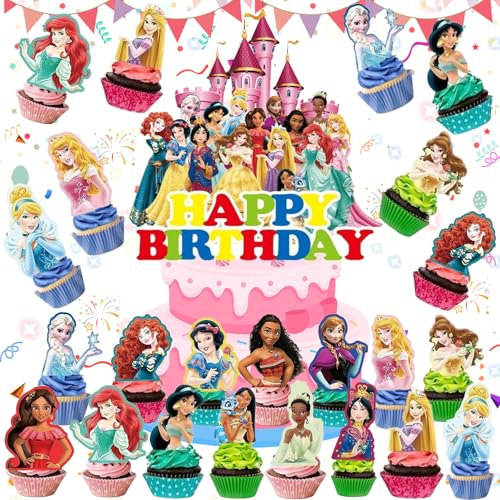 SUpoetry 31 Pièces Decoration Gateau Anniversaire Princesse Fille, Ensemble de Topper à Gâteau de Princesses, Cake Princesse Topper pour Fournitures de Fête d'Anniversaire Enfant