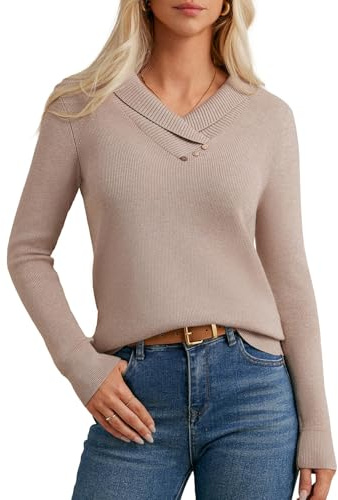 GRACE KARIN Women's Long Sleeve Sweater Loose Fit Lapel Collar Wrap Tops Casual V Neck Knit Jumpers Apricot S