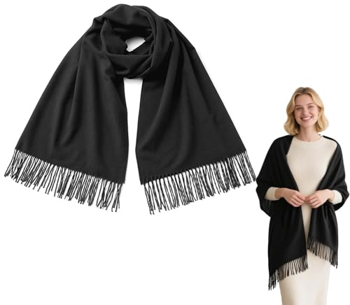 Quorlis damscarf vinter – mysig lång vinterhalsduk med bomullfransar, mjuk XXL halsduk för kvinnor, kashmirhalsduk damkänsla, perfekt som present och vardag, svart, 200 x 70 cm