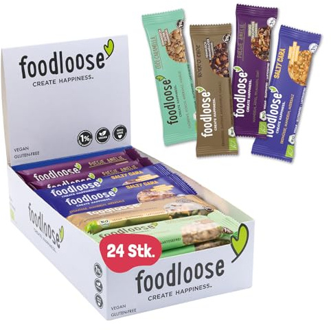 foodloose Bio-Nussriegel Probierpaket | Vegane, laktose- und glutenfreie Bio-Riegel ohne raffinierten Zucker | Großpackung mit 4 verschiedenen Sorten (24 Riegel x 35g)
