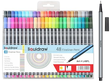Liquidraw Fineliner färgpennor – 48-pack | 0,4 mm fin spets | blandade livliga färger | innovativ design perfekt för skola, arbete och kontor | Enkel förvaring genomskinlig plånbok |