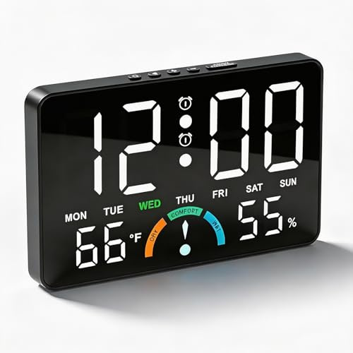 FARYODI Sveglia digitale con luce, grande orologio radiocontrollato a LED con indicatore della temperatura, sveglia forte per chi dorme profondo e bambini, moderna sveglia con calendario, giorno della