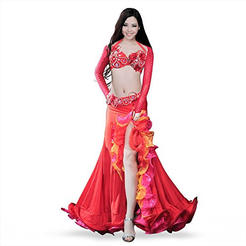 ROYAL SMEELA Belly Dance Costume Set for Women Belly Dancing Skirts Bra and Belt Sleeves Professional Suit 4pcs Mermaid Skirt Red