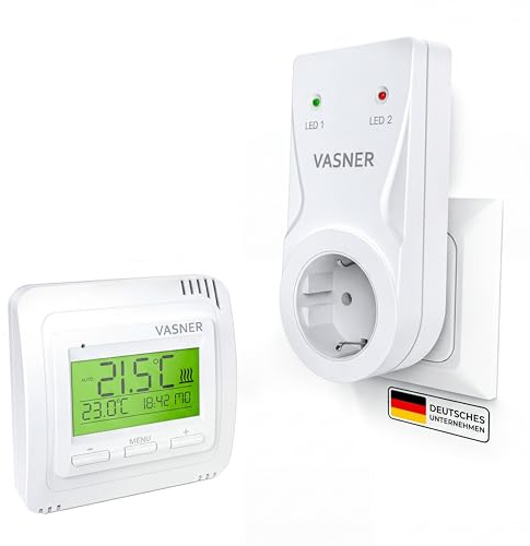 VASNER VFTB-AS Funk Thermostat Set – Digitales Funkthermometer mit Empfänger für Infrarotheizung – Thermostat Steckdose für Heizung - Außenthermometer Funk - bis 9 Empfänger