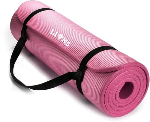 Lions 10mm Extra Thick Large Yoga Mat – 183 x 61 cm, Exercise Yoga Matt for Men Women Non Slip Foam Padded Camping Pilates Mats with Carry Strap (Pink)