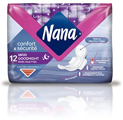 Nana Maxi Goodnight x12 - Serviettes Hygiéniques Nuit avec Ailettes - Serviettes Hygiéniques Flux très Abondant