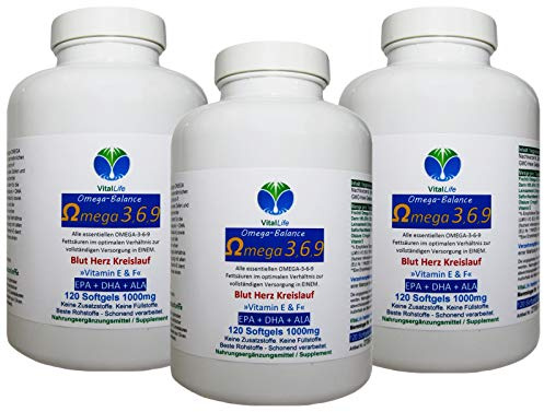 OMEGA 3-6-9 EPA + DHA + ALA - 360 (3x120) Kapseln 2000mg ESSENTIELLE Fettsäuren/Tag - BLUT - HERZ - KREISLAUF - GEHIRN - ZELLEN - CHOLESTERIN - Mit Antioxidans Vitamin E - OHNE ZUSATZSTOFFE. 27060-3