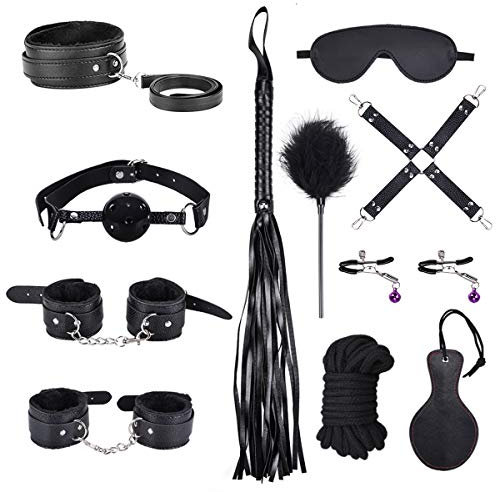 11 Pezzi Kit Bondage, Set in Pelle Fetish SM per Principianti, Set di Giocattoli Erotici per Bondage per Adulti, Coppia con Manette, Guinzaglio per Maschera per Gli Occhi (Nero)