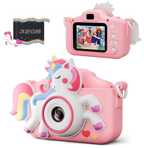 Diswoe Appareil Photo Enfant Selfie, Licorne Jouet Cadeau Filles de 3 à 12 Ans, HD Appareil Photo Numérique avec 32GB Carte et Etui en Cuir Anti-Chute Cadeau Garçons & Filles de Noël d'anniversaire