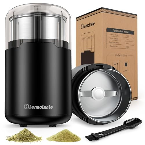 Hermolante Herb Grinder, Spice Grinder, Coffee grinder, 150 w Electric Herb Grinder with Stainless Steel Blade and Cleaning Brush, Compact Size Electric Grinder for Herb Spices Coffee Nuts Seeds,etc.