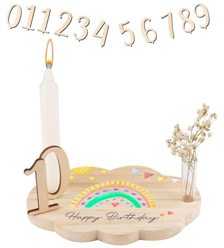 Geburtstagsteller aus Holz, Geburtstagsteller mit Kerzenhalter, Vase, und Zahlen 0-9, Geburtstagsteller Baby Geschenk, Geburtstagsteller aus Holz mit Kerzenhalter, für Jungen Mädchen