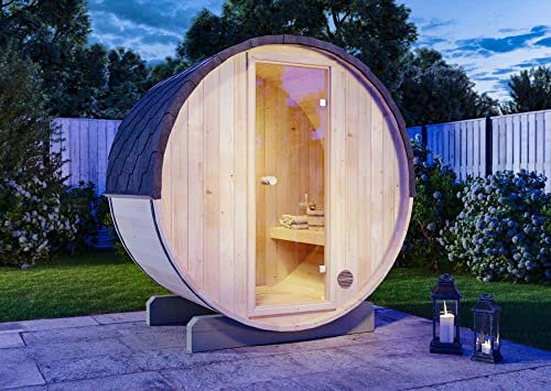 FinnTherm Comfort Set Fasssauna Mini XXS Fasssauna 3 Sitzbänke aus Holz, Sauna mit 42 mm Wandstärke, Außensauna mit Montagematerial