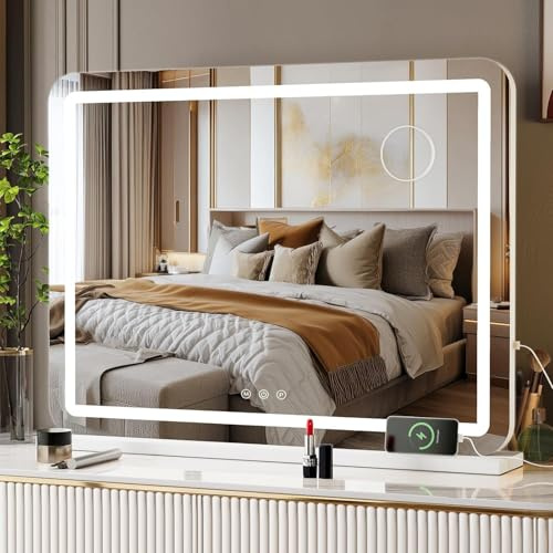 Clevich Sminkspegel med belysning 80 x 60 cm, pekbrytare med dimbar, 3 lägen, med USB och 10 x förstoring, för sovrum, badrum, hall, vardagsrum, gästtoalett (vit, 80 x 60 cm)