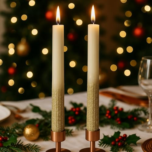 Set 2 Candele da Cena in Granuli di Paraffina 26,5 cm, Bianche con Base Glitter Oro, Eleganti e Raffinate, Durata 16h, Ideali per Tavola o Decorazioni - Varzi dal 1956