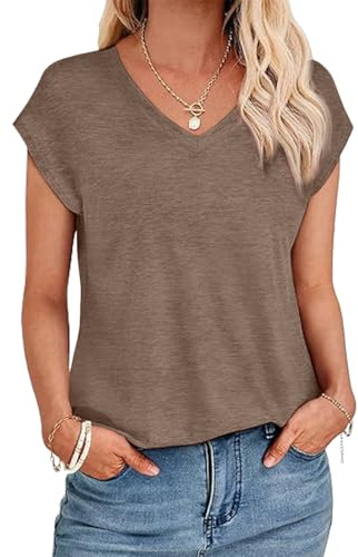 YUTILA Lot de 1 t-Shirts d'été décontractés pour Femme - Couleur Unie - Manches Courtes - Col en V - Décontracté, Marron, XXL