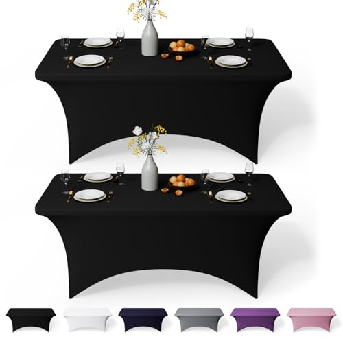 GFCC 6FT Spandex Table Covers 2 Pack - Black Stretch Fitted Rectangular Tablecloth Washable & Wrinkle Resistant Spandex Tablecloths for Party, Wedding, Banquet, Events & Home