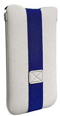 OneJoy Phone Sleeve for iPhone, Slim Fit, Elastic Strap Closure, Lightweight Neoprene, No Zipper, Protective Case Alternative Fit for 6.5 inch~ 6.9 inch Cell Phone [ Ivory Grey/Navy Blue ]