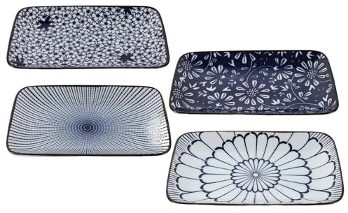 SEWACC Assiettes à Sushi Rectangulaires en Céramique Japonaise Lot de 4 Pièces Plateaux Polyvalents pour Sushis Desserts et Amuse-Gueules Résistantes à la Chaleur Compatibles