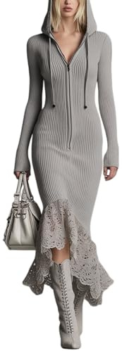 Elegant huvtröja klänning för kvinnor stickad v-ringad solid spets asymmetrisk fåll sjöjungfru klänning vardaglig ribbstickad en linje midi-klänningar, Grått, XL