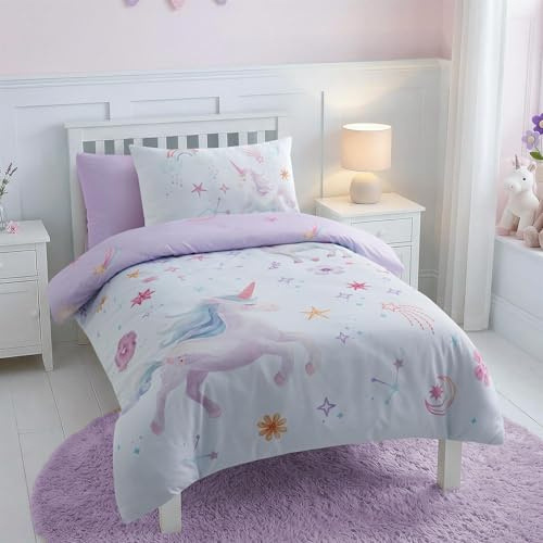 Adore Home Cot Bed Duvet Cover Set Lilac Unicorn Bedding & Pillowcase | Soft Easy Care Microfibre Bed Linen With Colourful Designs For Children's Bedrooms