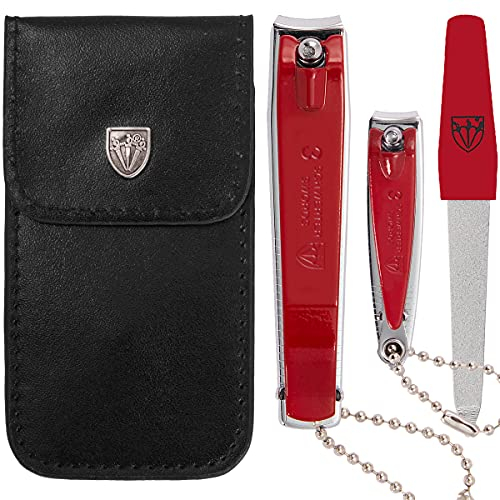 Drei Schwerter - Nagelknipser Set ´CLIP`, Fingernagelknipser, Fußnagelknipser und Saphirnagelfeile mit Kunstlederetui, Version rot