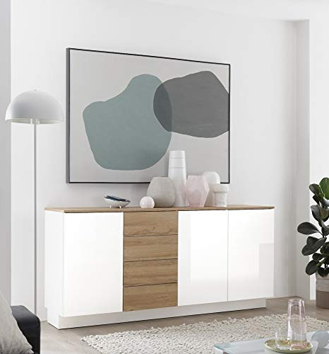 Beauty.Scouts Sideboard Roana II Weiß Tiefzieh Hochglanz Grandson Oak hell Dekor 181x85x43cm Schrank Wohnzimmerschrank Stauraumelement Wohnzimmer Mehrzweckschrank