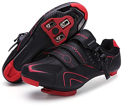 Mens Womens Cycling Shoes Compatible with Peloton Bike Indoor Outdoor Road Bike Riding Shoes with Look Delta Cleats Pre-Installed Clip in Pedal, (Black-red, 10)