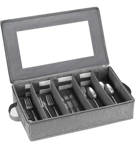 Lafulling Flatware Utensil Storage Case, Silverware Storage Box Chest with Adjustable Dividers, Cutlery Storage Holder with Zipper Lid for Organizing Cutlery, Flatware, Knives, Large Capacity Gray