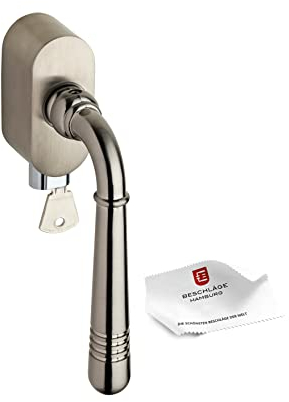 Beschläge Hamburg: Fenster-Griff Fenster-Beschlag Emily 07 ABS — Abschließbarer Fenster-Hebel mit 90° Raster zertifiziert nach DIN EN 13126-3, Klasse 3 (RC2 - RC6) in matt vernickelt/Edelstahl matt