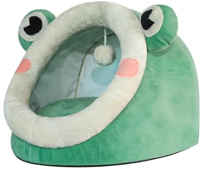 Jiupety Söt kattbädd, kattbädd för inomhuskatter, varm grotta med sovnäste för valp och kattunge, cat bed cat house, grön groda, S
