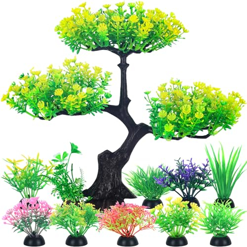 Borlech Aquarium Plastic Plants Artificial Decorations, Large Fish Tank Fake Tree Plant Decor Ornaments Accessories (Yellow)