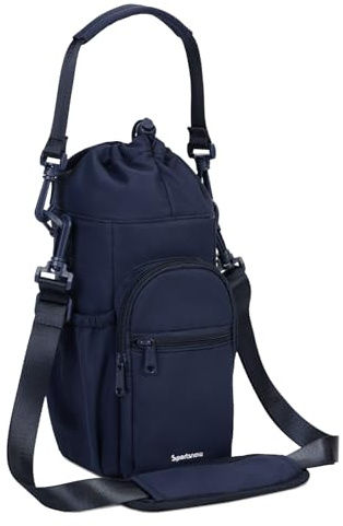 sportsnew Bolsa para Botella de Agua 1L / 1,2L, Portabotellas Aislado con Bandolera Ajustable, Funda Térmica con Bolsillo Móvil, Paseo y Viaje,Azul Marino