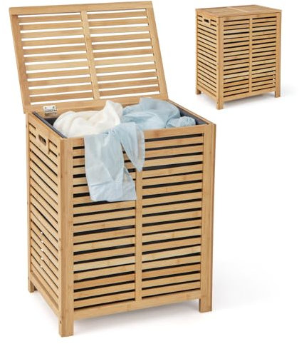 COSTWAY Bamboo Laundry Basket, 80L Laundry Hamper with Removable Liner Bag, Lid & Handles, Dirty Clothes Bin Washing Basket Organiser for Bathroom, Living Room and Bedroom (Wide Slats)