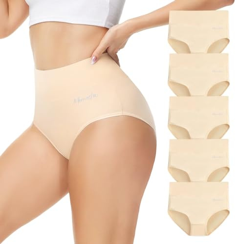 Momoshe Mutande Donna Cotone Vita Alta Pacco da 5 Slip Traspirante Culotte Comode Elasticizzato Intima Mutantina Beige L