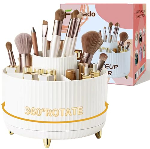 fanado 360° Rotate Makeup Brush Holder Organizer, Makeup Organizers Countertop, Makeup organization and Skincare Storage for Vanity, Desktop, Bathroom (White-1)