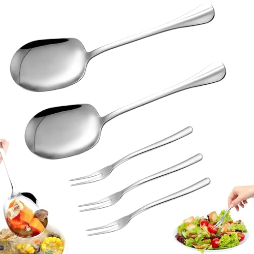 Getyjoe 5 Pezzi Cucchiaio da Portata Cucchiai da Portata con Manico Lungo Cucchiaio da Buffet Forchetta per Servire per Banchetti Ristoranti Hotel Feste